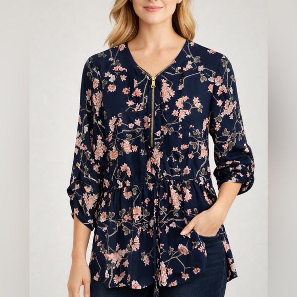 Stella Tweed Tops - Stella Tweed Navy Floral Zip Front Tunic Top small